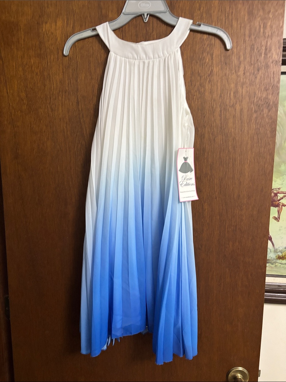 Rare Editions White to Blue Ombre Pleated Halter Skater Dress